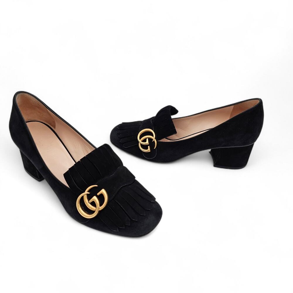 Gucci GG Marmont Fringe Block Heel Pump Black Suede Square Toe Size 38 US 8